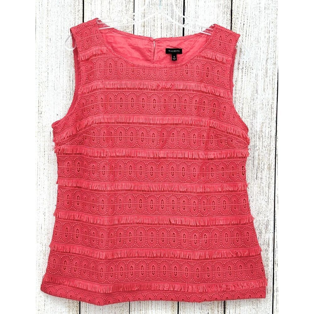 Talbots Womens‎ Top Size 12 Coral Fringe Sleeveless Crochet Lace Shell Blouse
